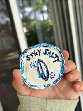 Handmade 'Stay Salty' Blue and White Ceramic Accent